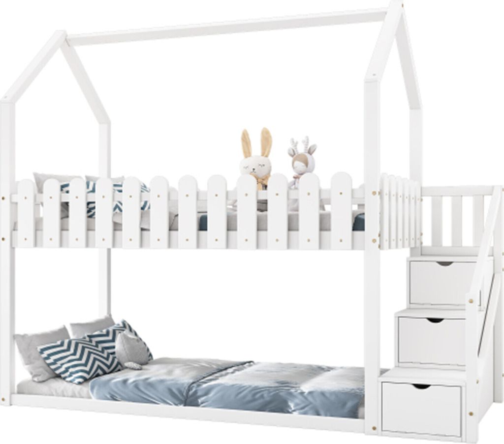 Kinderbett, Etagenbett, mit 3 Treppen, mit 2 Schubladen mit Zaundekor, massivholz, weiß