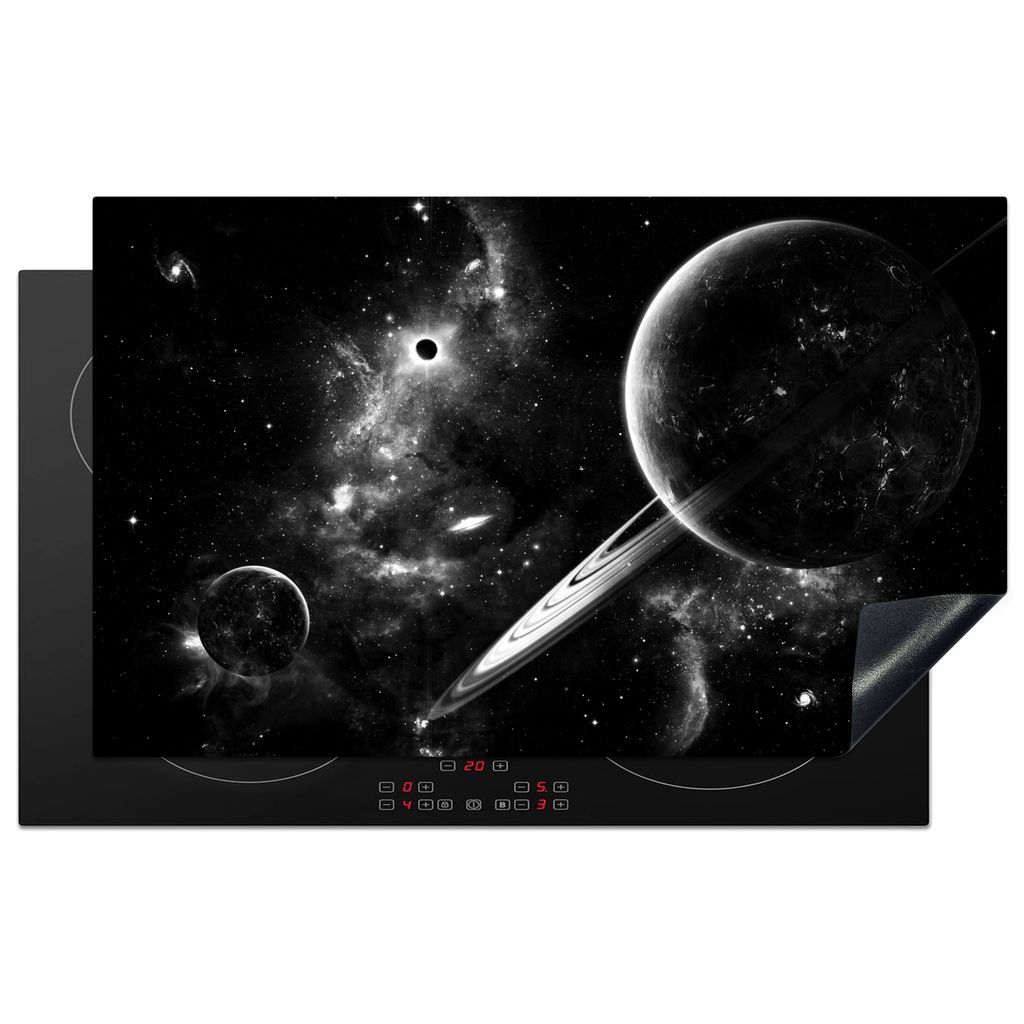 KitchenYeah Herdabdeckplatte Planeten und Sterne im Weltraum - schwarz und weiß , 85x52cm, Küche Deko, Glaskeramikkochfeld Herdabdeckung, Abdec...