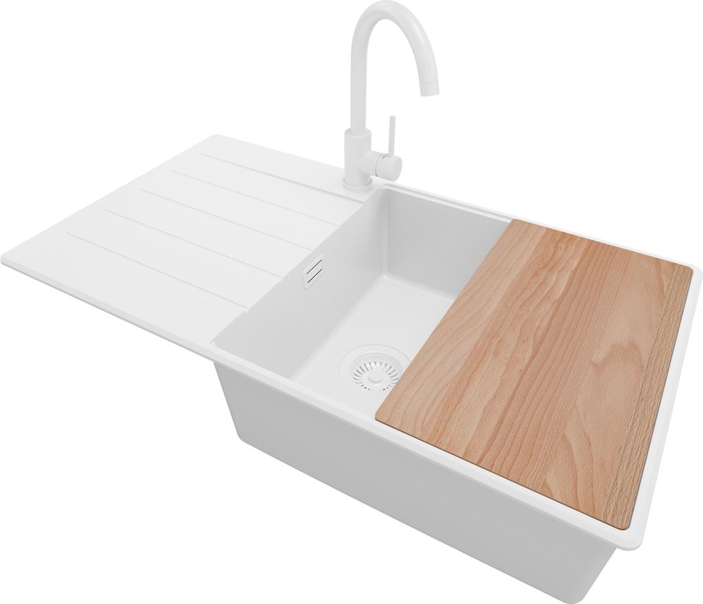 PRIMAGRAN Granitspüle Alles Weiß 90x50cm, Spülbecken 1 Becken + Ablauf-Set + Küchenzubehörset, Küchenspüle ab 60er Unterschrank - Kopenhagen