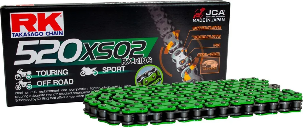 Kit chaîne moto 520 RK maillons verts RX-Ring pour transmission finale