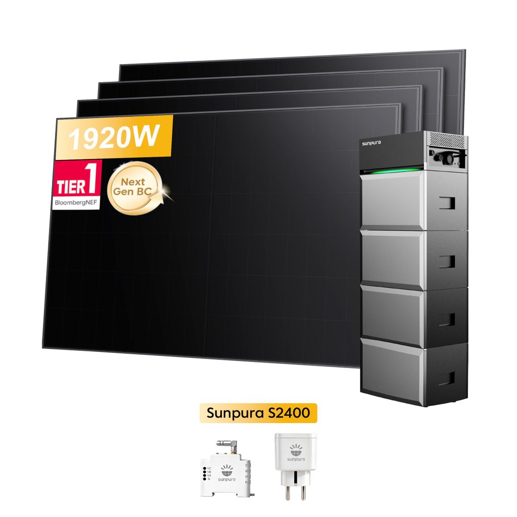 Balkonkraftwerk mit Speicher, Sunpura S2400 All-in-One Speicher mit 4x B2400 Erweiterungsakku & Sunpro 1920W Solarmodule, Smarter Zähler + Smart Plug