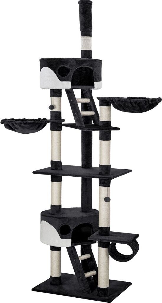 A tall, multi-level cat tree with scratching posts, platforms, and enclosed spaces.