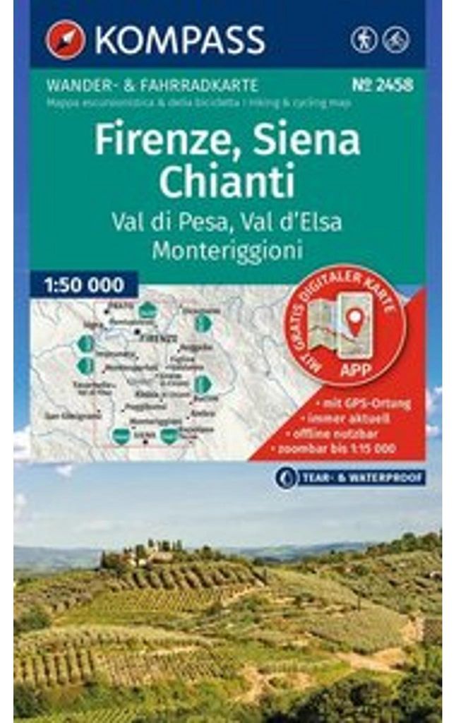 KOMPASS Wanderkarte 2458 Firenze, Siena, Chianti, Val di Pesa, Val d'Elsa, Monteriggioni 1:50.000