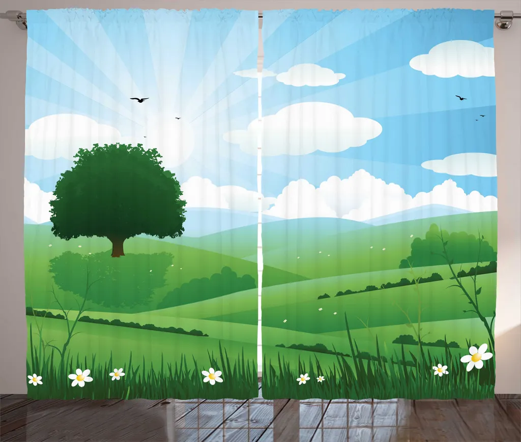 Rideau à fronces Paysages floraux 280 x 225 cm bleu ciel et vert fougère