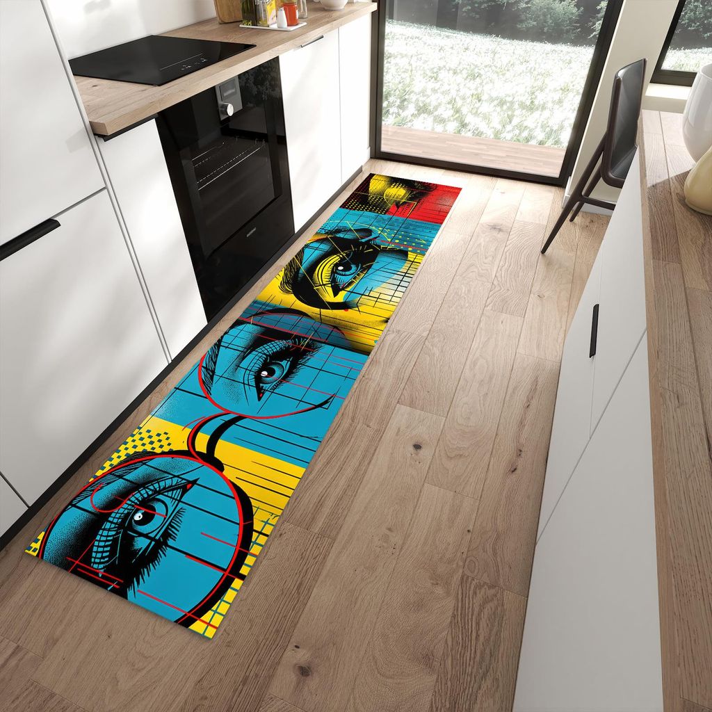 Küchenteppich 60x270cm rutschfest & abwischbar PVC Läufer - Pop Art Gesichter