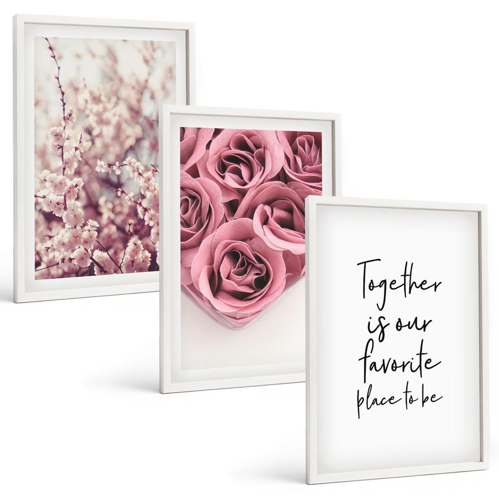 Bilder Set 3-teilig im weißen Rahmen – Wandbilder 3 Stück – gerahmte Poster für Wohnzimmer, Schlafzimmer und Flur – 40x60 cm – Blumenstr...
