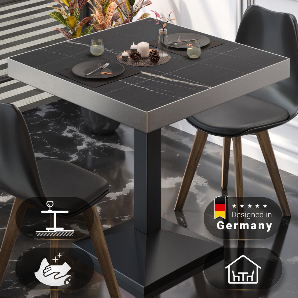 BPA | Bistro Tisch | Quadratisch | Edelstahl Rand | 60 x 60 x 81 cm | Schwarz Marmor / Schwarz | Bistrotisch Gastro Tisch