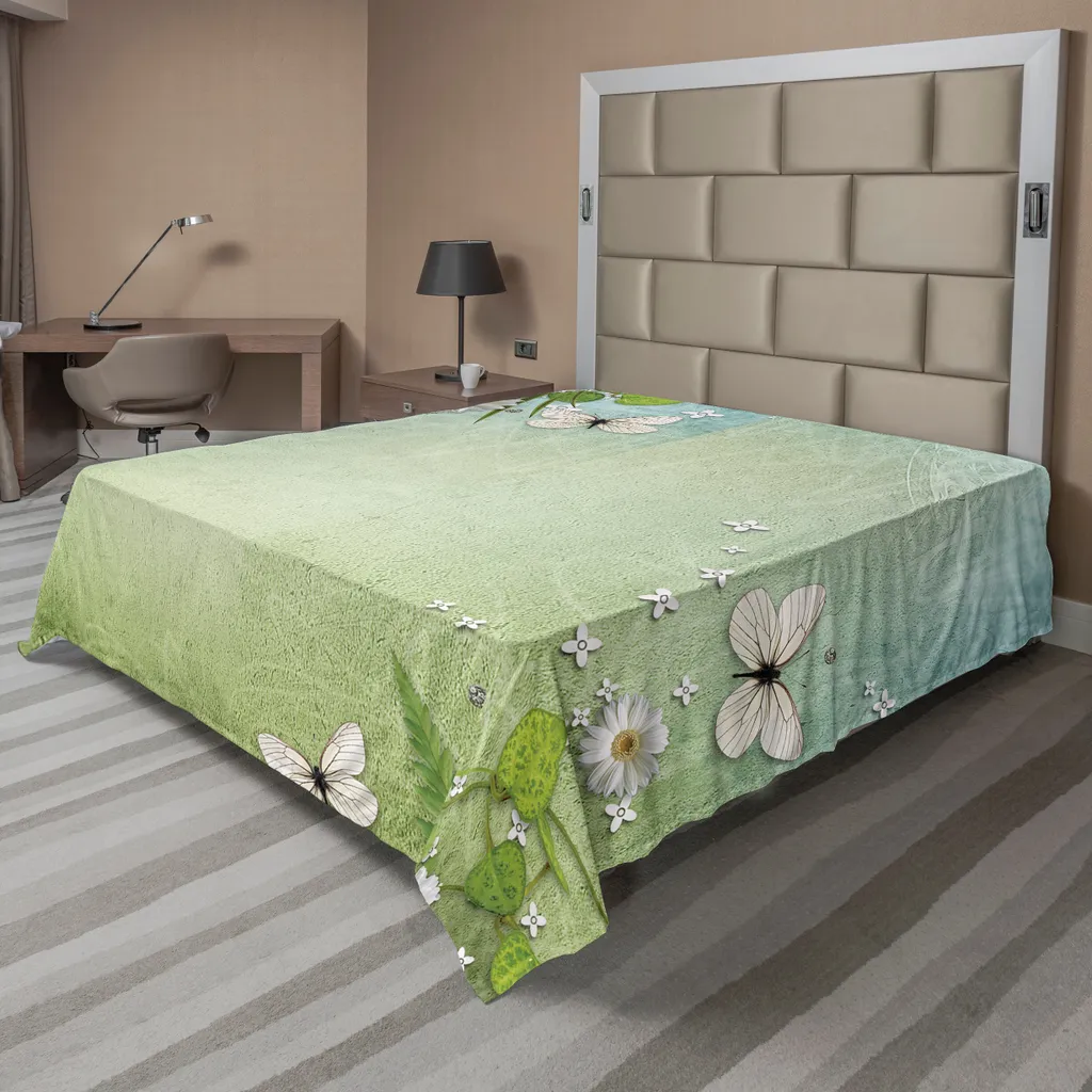 ABAKUHAUS Lenzuolo primaverile, naturale con fiori e farfalle, morbido e confortevole lenzuolo superiore per un letto decorativo 1 pezzo 266 cm x 260 cm, verde lime azzurro