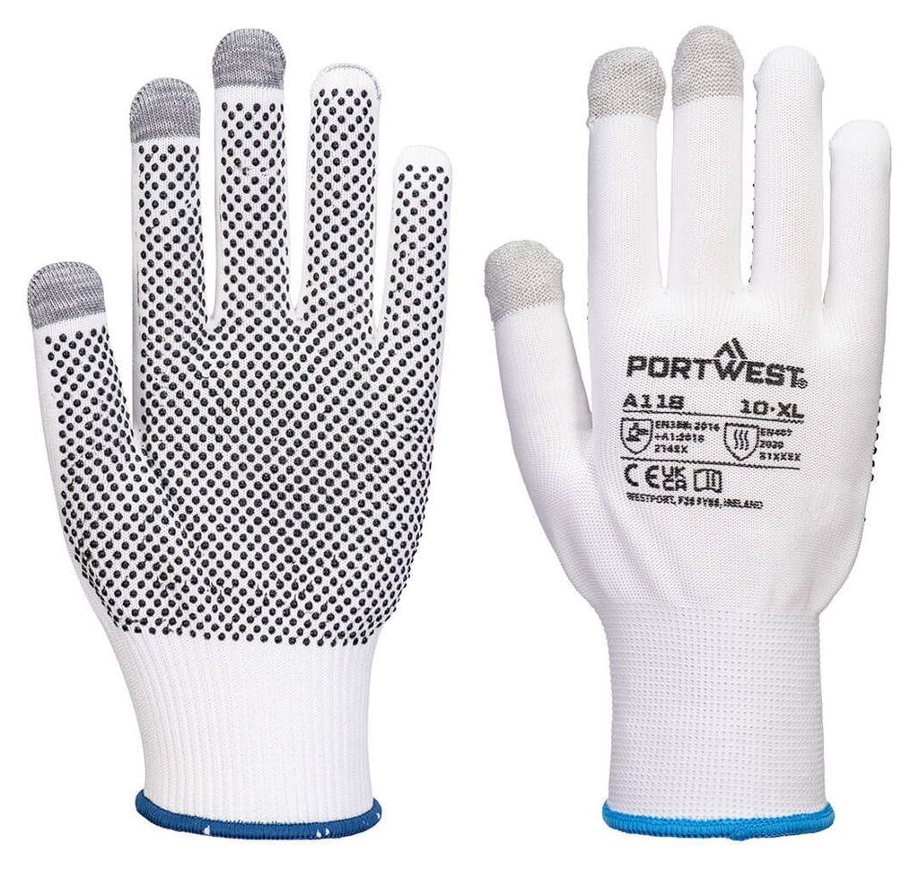 Grip 13 Handschuh aus PVC mit Noppen für Touchscreen (12 Paare) - Größe S - Weiß/Grau - Portwest