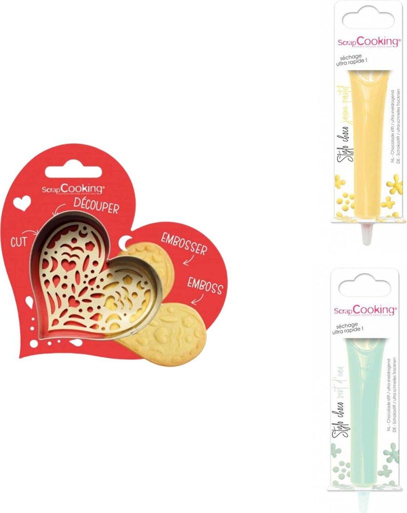 Herz-Relief-Keks-Set + 2 pastellgelbe und wassergrüne Schokoladenstifte