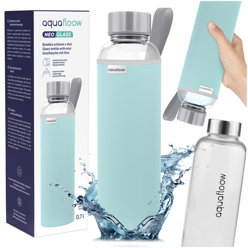 Aquafloow NeoGlass Wasserflasche 700 ml – Hellblaue Neoprenhülle