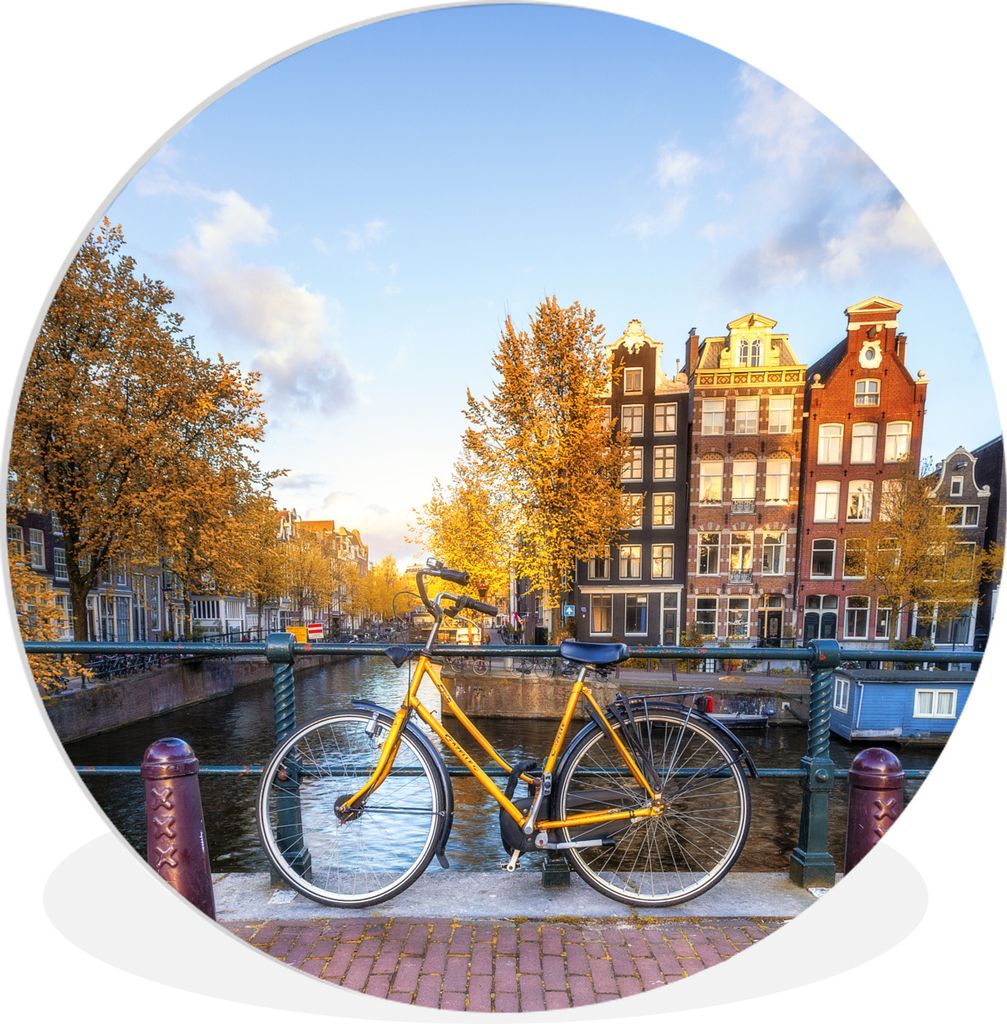 MuchoWow Rundes Wandbild - Runde Bilder Fahrrad vor der Gracht mit Blick auf die Amsterdamer Architektur Ø 30 cm Kreis Wanddekoration Kunststoff...