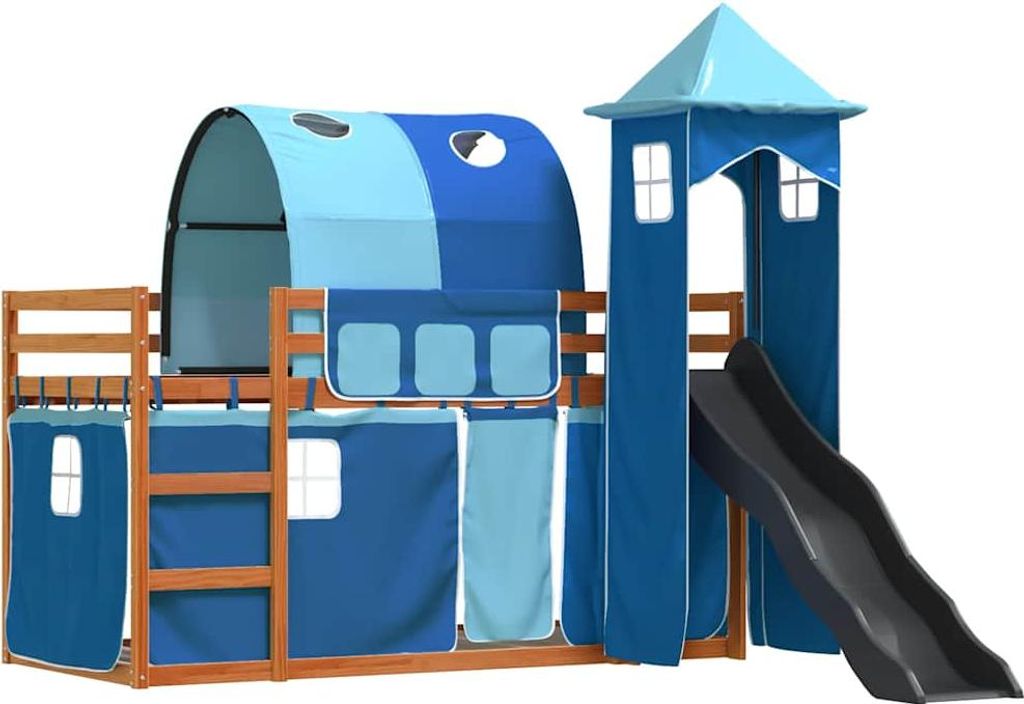 vidaXL Etagenbett mit Rutsche und Gardinen Blau 90x200 cm