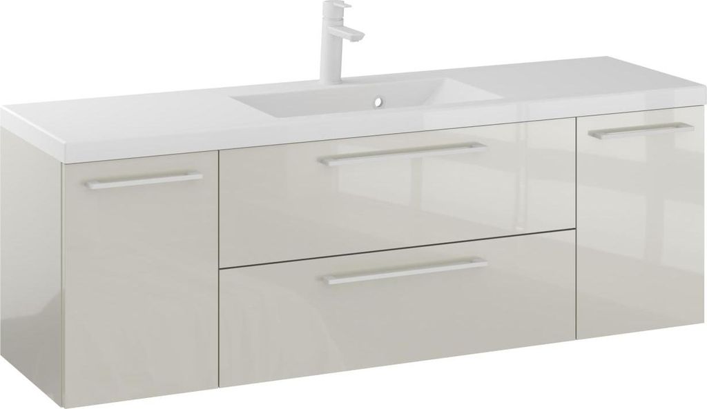 FURNI Waschtischunterschrank RON 140 cm - Kaschmir - Hängender Badschrank mit Mineralguss - Waschbecken - Griffe Weiß matt - Vormontiert