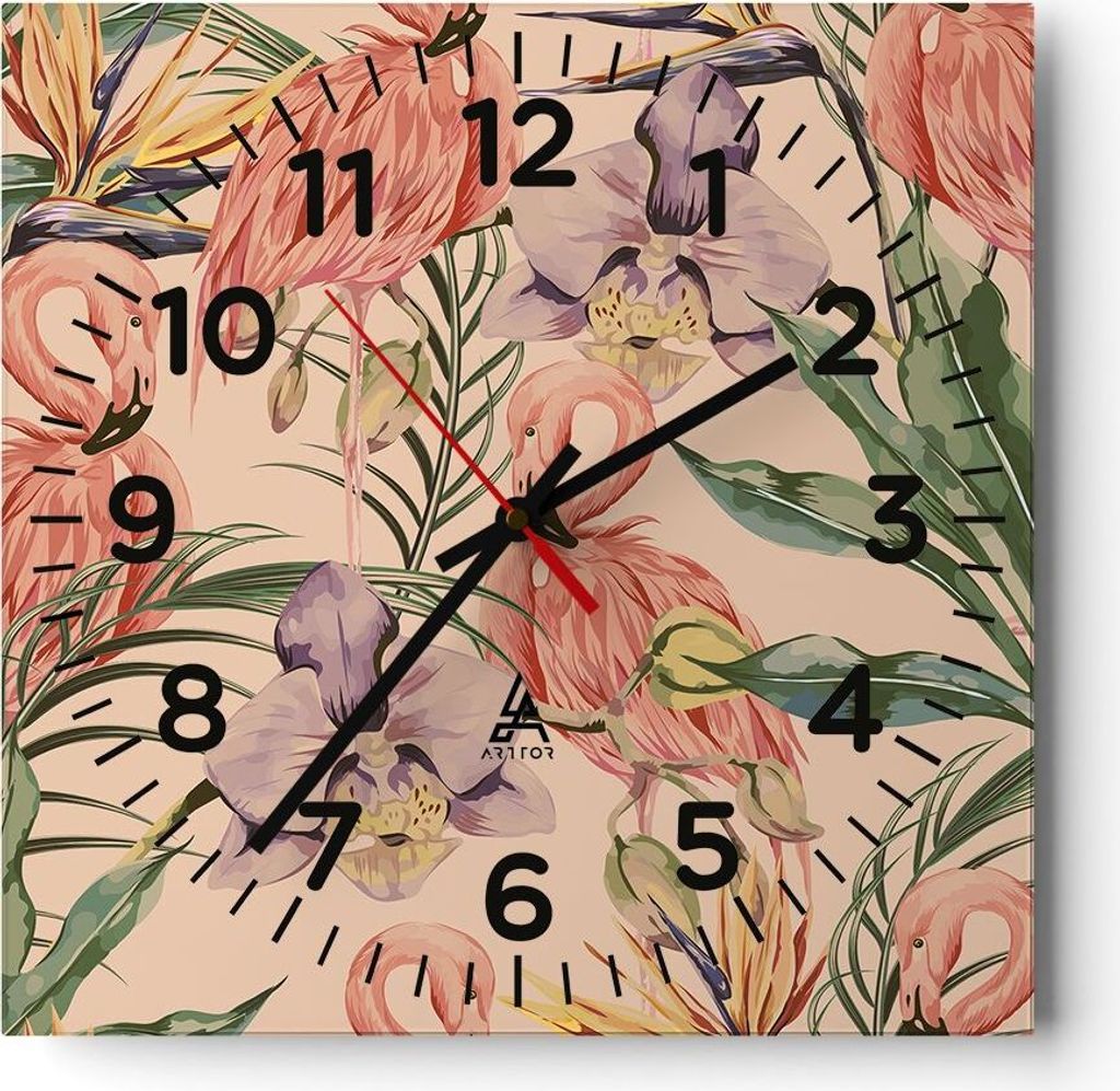 Wanduhr - Quadrat - Glasuhr - Flamingos Pflanzen Vogel exotisch - 40x40cm - Schleichendes Uhrwerk - Lautlos - zum Aufhängen bereit - Dekoration Mo...