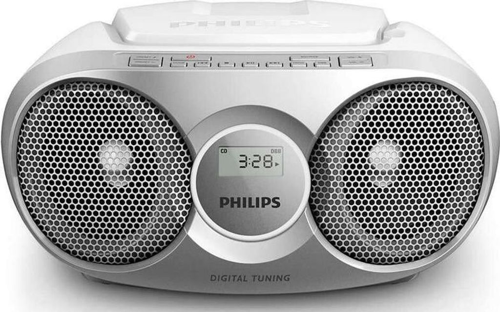 A silver and white Philips boombox with a CD player and digital tuning.