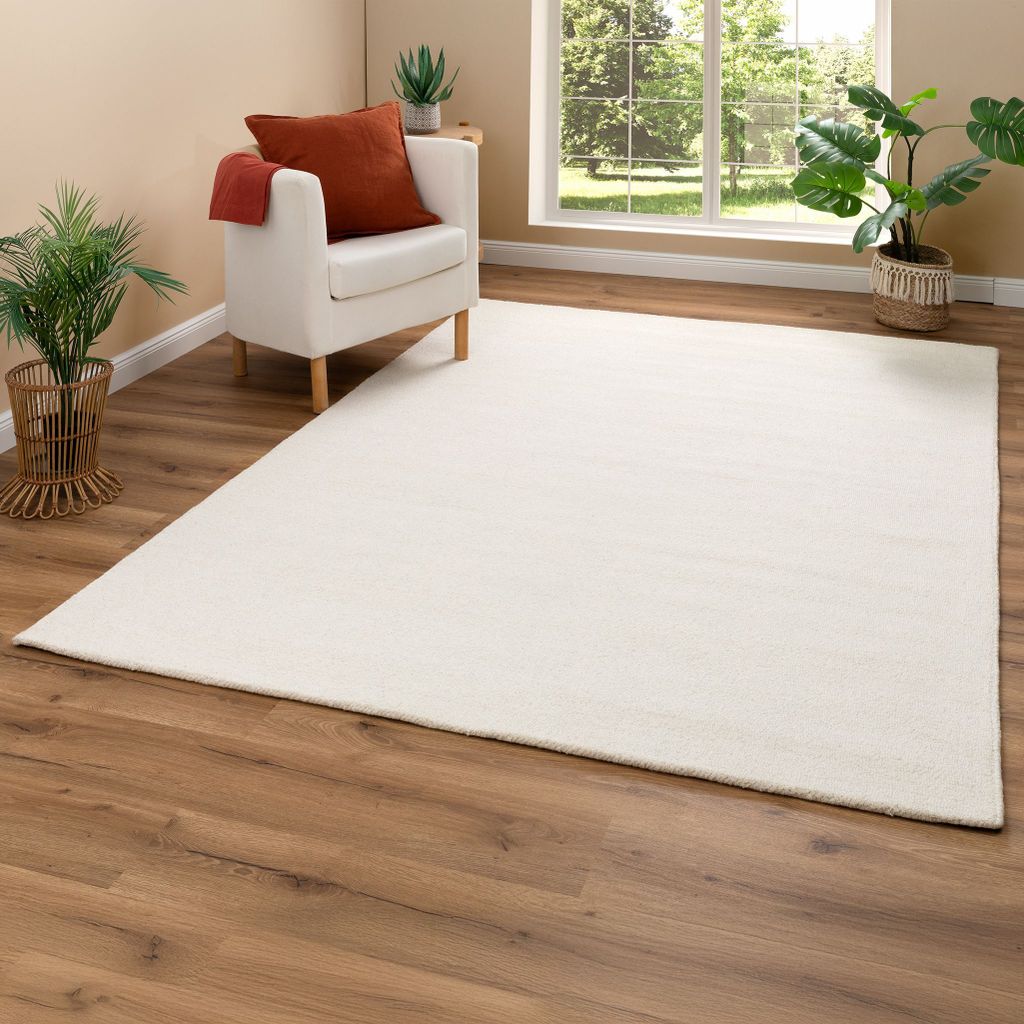 Steffensmeier Teppich Brisbane – handgetufteter Teppich in Creme, 80 % Wolle, 20 % Baumwolle, Florhöhe 20 mm, weich & hochwertig, für Wohnzimmer