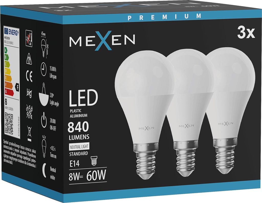 Mexen Nova 3x LED Glühbirne E14, G45, 8W, Neutral - 4000K, Produktbild 