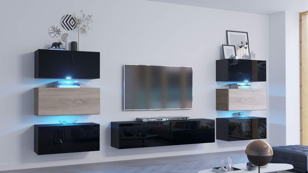 Furnitech Wohnwand Wohnzimmer - Wohnzimmer Möbel mit LED RGB - 16 Farben - Hängend Wohnwand Modern - Regale und TV Schrank (Henri AN72-19BS-HGM7-...