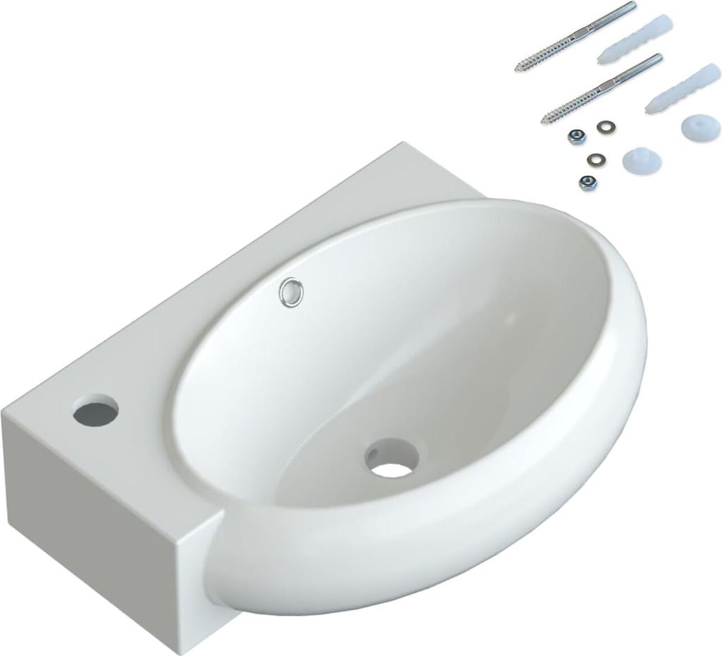 A white ceramic sink with mounting hardware.
