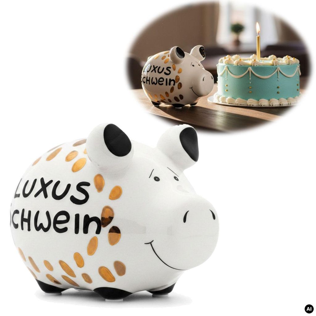 Keramik Sparschwein Spruch Luxus Schwein Weiß Gold Spardose Produktbild 
