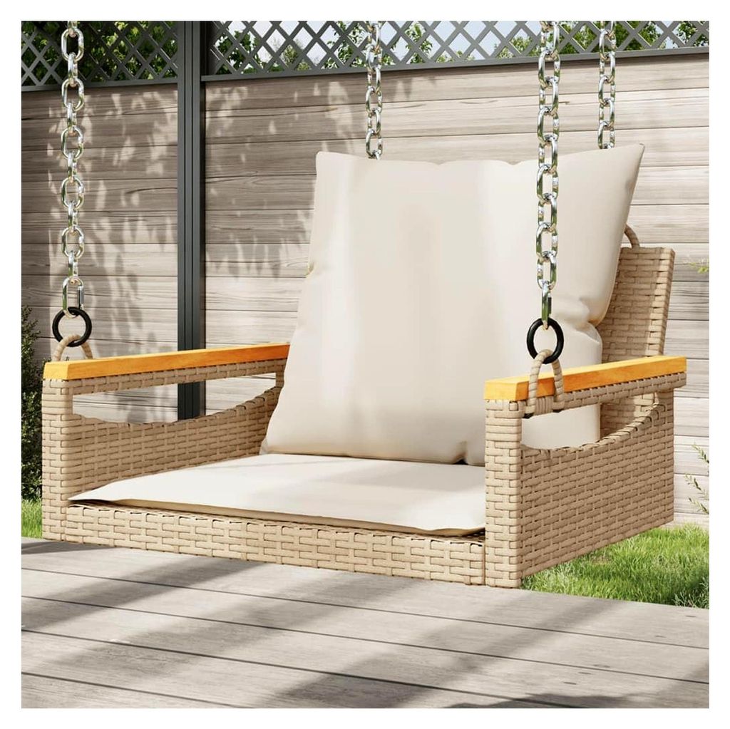 Bequeme Rattan-Schaukelbank mit Kissen, beige, für den Außenbereich - max. 110 kg Tragfähigkeit