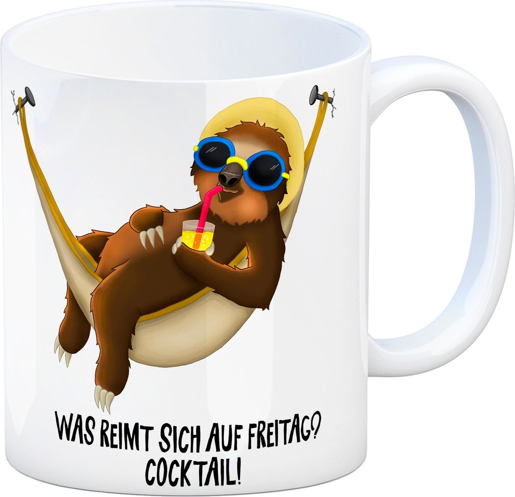 Kaffeebecher mit Faultier in Hängematte Motiv und Spruch: Was reimt sich auf