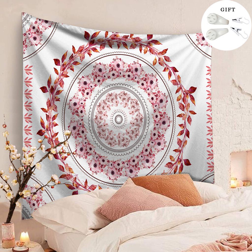 Tapestry Wall Hanging Bohemian, Zodight Mandala Floral Medallion Hippie Tapestry with White Aesthetic Wreath Design,Roter Kranz/200X150CM