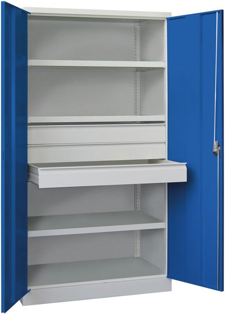 Schwerlastschrank, Vollblechtüren, ohne Trennwand, 3 Böden, 120 kg Traglast, 3 Schubl. 125 mm, BxTxH 1040x630x1950 mm, RAL 7035/5010