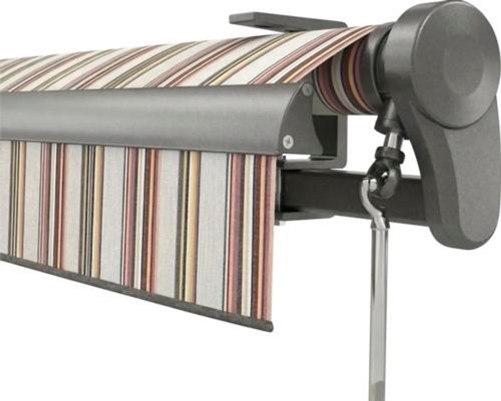 Soluna Gelenkarmmarkise Trend 6x2 Stoff Dessin D421 Gestell DB703 dunkelgrau Antrieb Rechts inkl. Motor mit Nothandkurbe