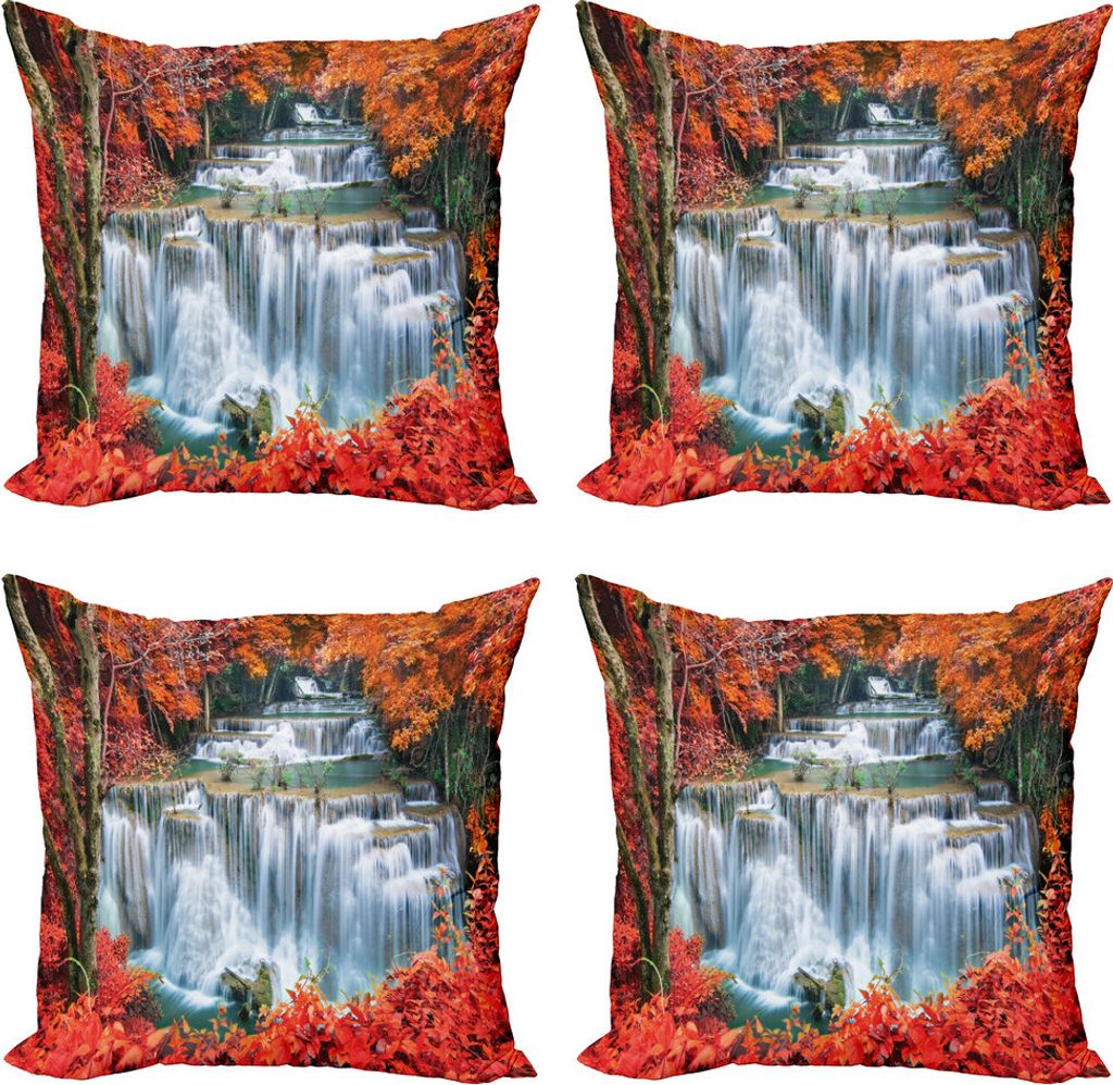 ABAKUHAUS Wasserfall Kissenbezug Set (4 Stück), Botanischer Fall Forest, Moderner Doppelseitiger Digitaldruck, 40 cm x 40 cm, Orange Rot und Weiß
