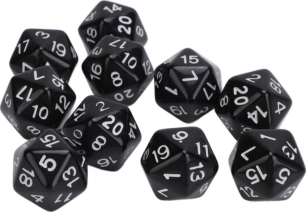 10-teiliges Würfel-Set, 20-seitige Polyederwürfel aus Kunststoff, für Rollenspiele & Brettspiele, schwarz