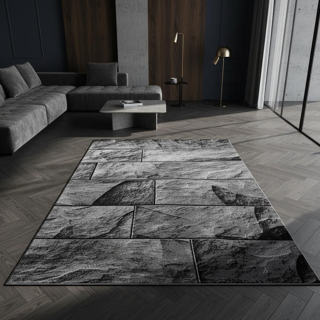 Wohnzimmerteppich Steine Modern Waschbar Strapazierfähig | Schwarz 280x370 cm Schlafzimmer Fußbodenheizung geeignet | DRAU – Kadima Design