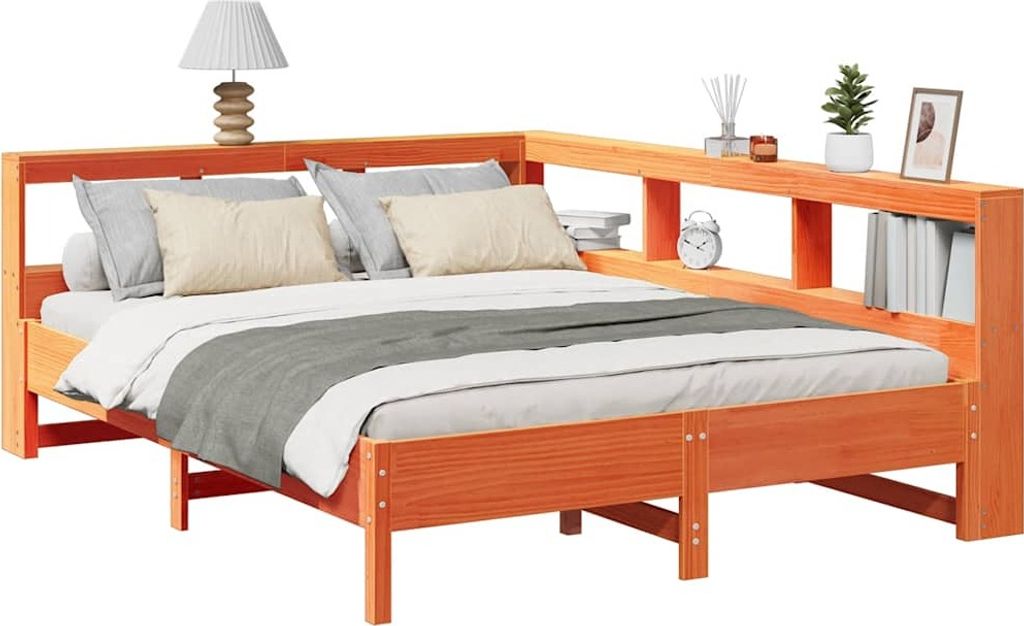 vidaXL Massivholzbett mit Regal ohne Matratze Wachsbraun 150x200 cm