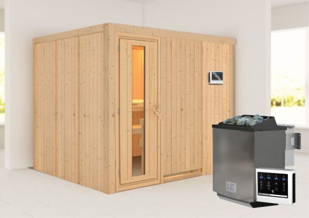 Karibu Sauna Innensauna Gobin Fronteinstieg Ofen 9 kW externe Strg easy 231x196x198 cm ohne Dachkranz mit Energiespartür