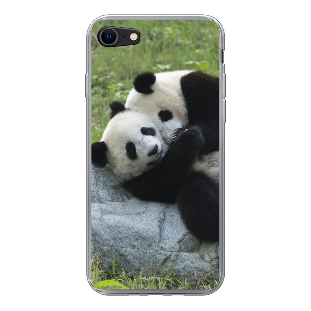 MuchoWow Handyhülle Schutzhülle Hülle für iPhone 8 Pandas - Gras - Stein Silikon Softcase Handy Hülle - Schutzhaube