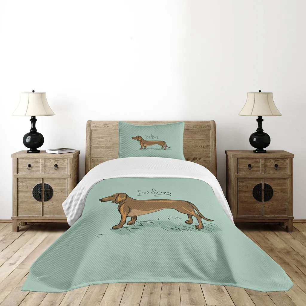 Set copriletto ABAKUHAUS con bassotto, grazioso disegno minimalista di cane di razza amante degli animali, 170 x 220 cm, turchese, marrone, nero