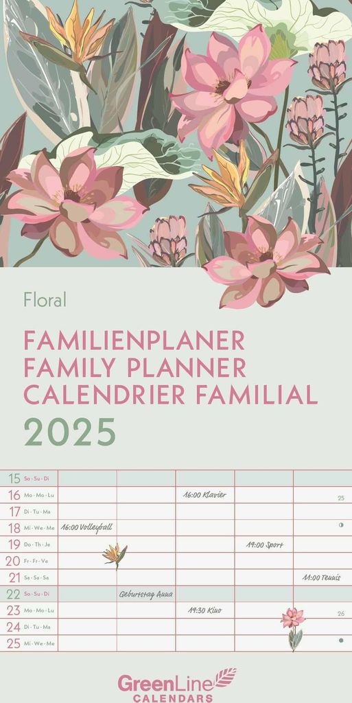 GreenLine Floral 2025 Familienplaner - Familien-Kalender - Kinder-Kalender - 22x45