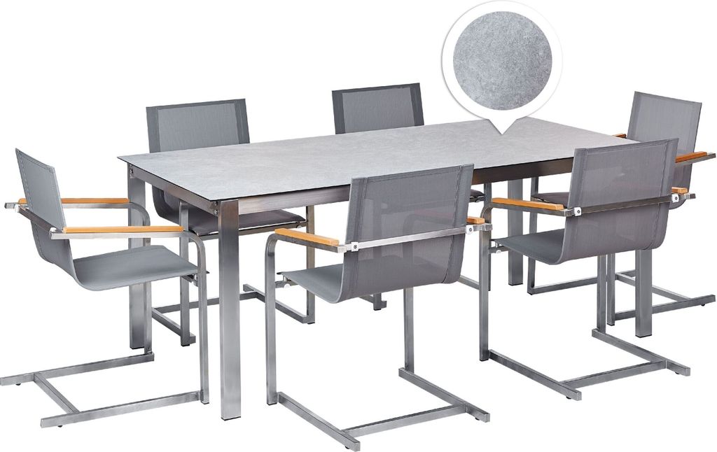 BELIANI Gartenmöbel Set Grau Edelstahl 6 Stühle Polyester Tisch 180x90 cm Sicherheitsglas Keramik Gartenausstattung Terrasse Outdoor Indoor