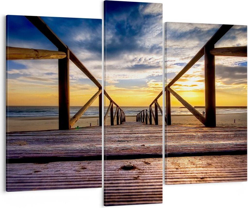 Bild auf Leinwand - Leinwandbild - Strand Ozean Sand Holzbrücke Sonnenuntergang - 95x80cm - Wand Bild - Wanddeko - Leinwanddruck - Bilder - Kunstd...