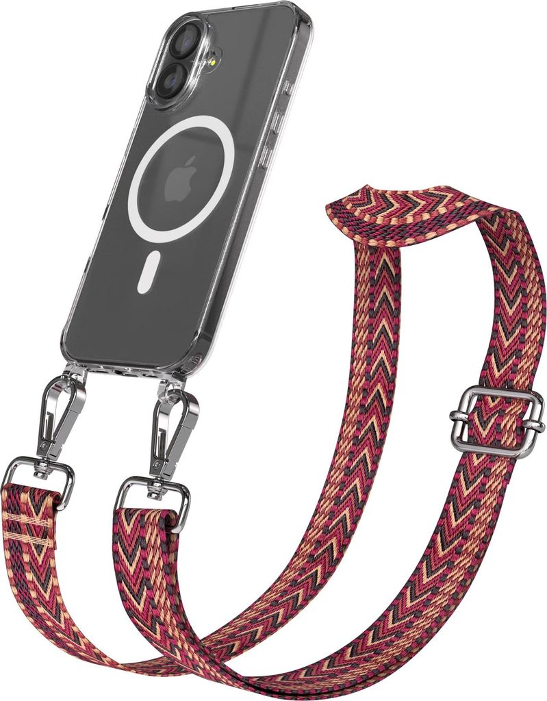 EAZY CASE - Handykette mit MagSafe Hülle für Apple iPhone 17, Handyband ZigZag Style, Karabiner Silber, Umhängeband in Rot