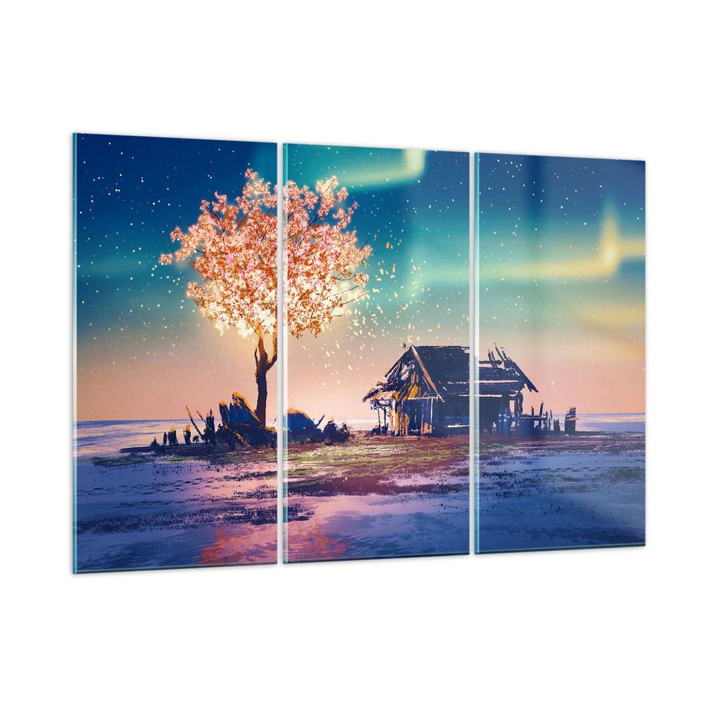 Bilder auf glas - Baum Haus Nacht Sterne - 105x70cm - Glasbilder - Wandbilder - Kunstdruck - zum Aufhängen bereit - Wanddekoration aus Glas - Glas...