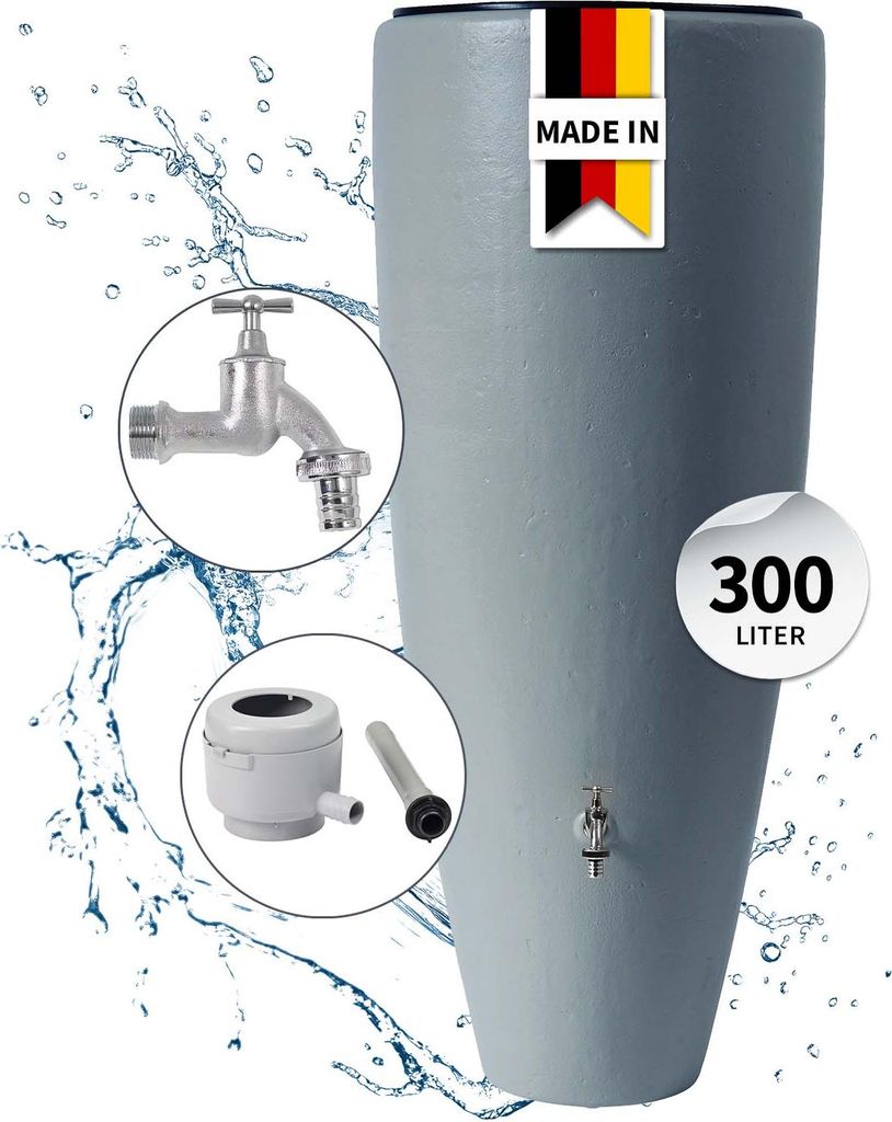 GARANTIA 2in1 Wasserbehälter Komplett-Set 300 Liter zinkgrau inkl. Chrom-Auslaufhahn und Fallrohranschluss