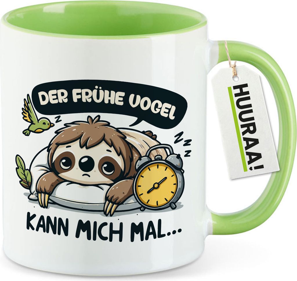 Huuraa Kaffeetasse Der frühe Vogel kann mich mal Faultier 330ml Grün Keramik Kaffeebecher Geschenkidee