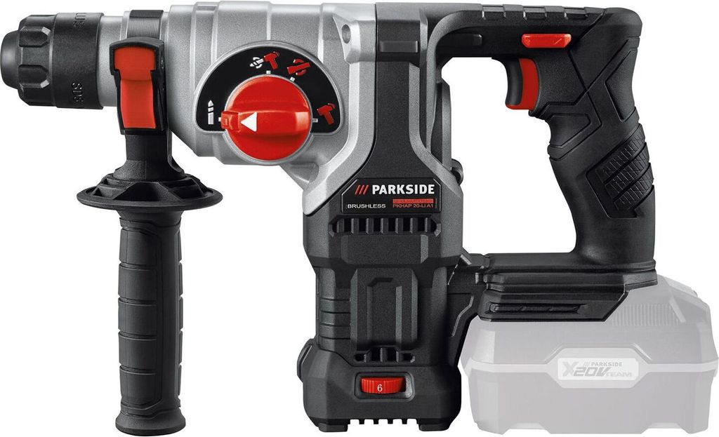 A cordless rotary hammer drill with a battery pack attached.