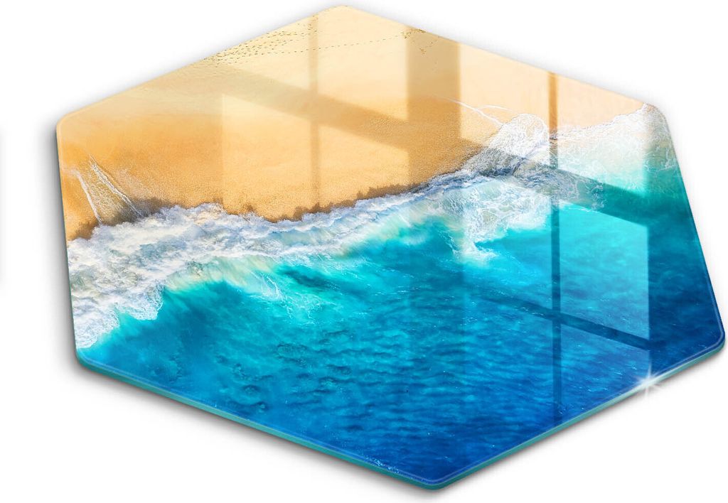 Glasschneideplatte - Herdabdeckplatte - Hexagon 40 cm -Schneidebrett - Spritzschutz - Strand und Meer