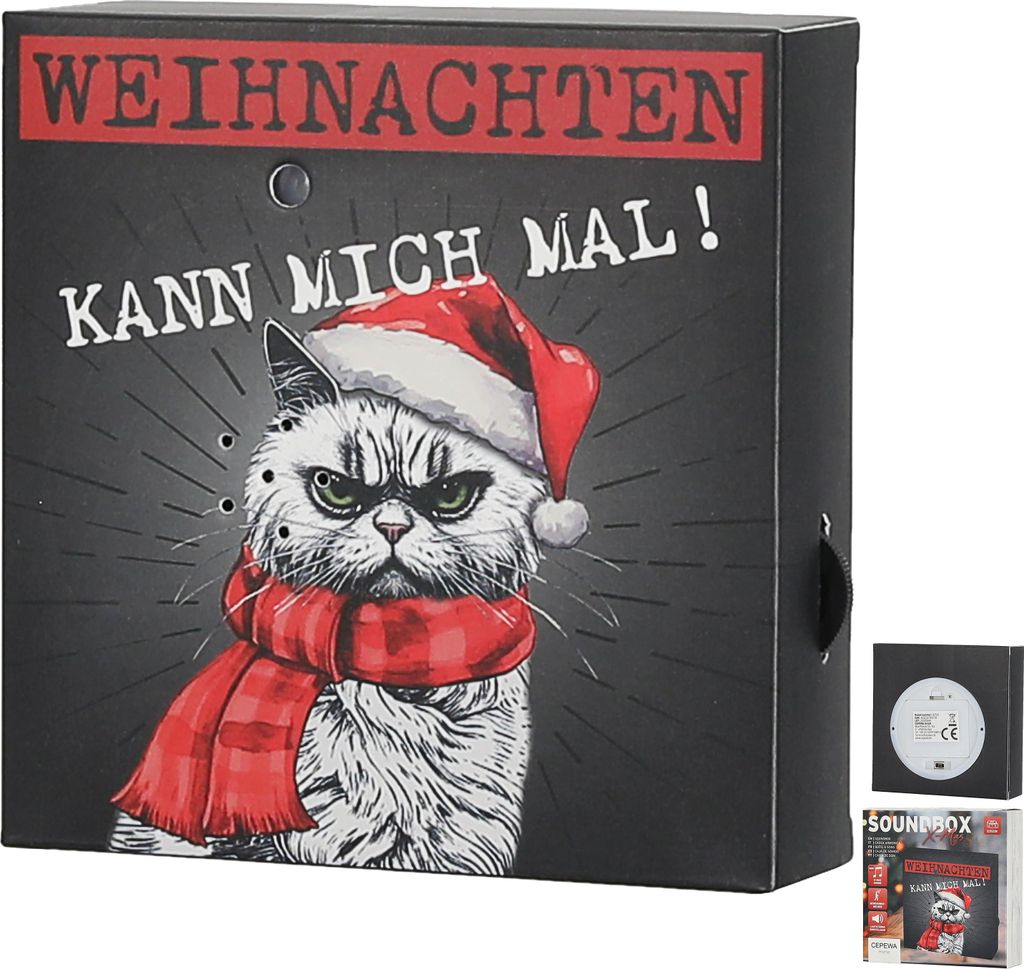 Soundbox 'XMas CAT' Bewegungsmelder 12x12x3,5cm Papier batteriebetrieben Lautstärke regulierbar Katze im Nikolauskostüm Weihnachtsmusik