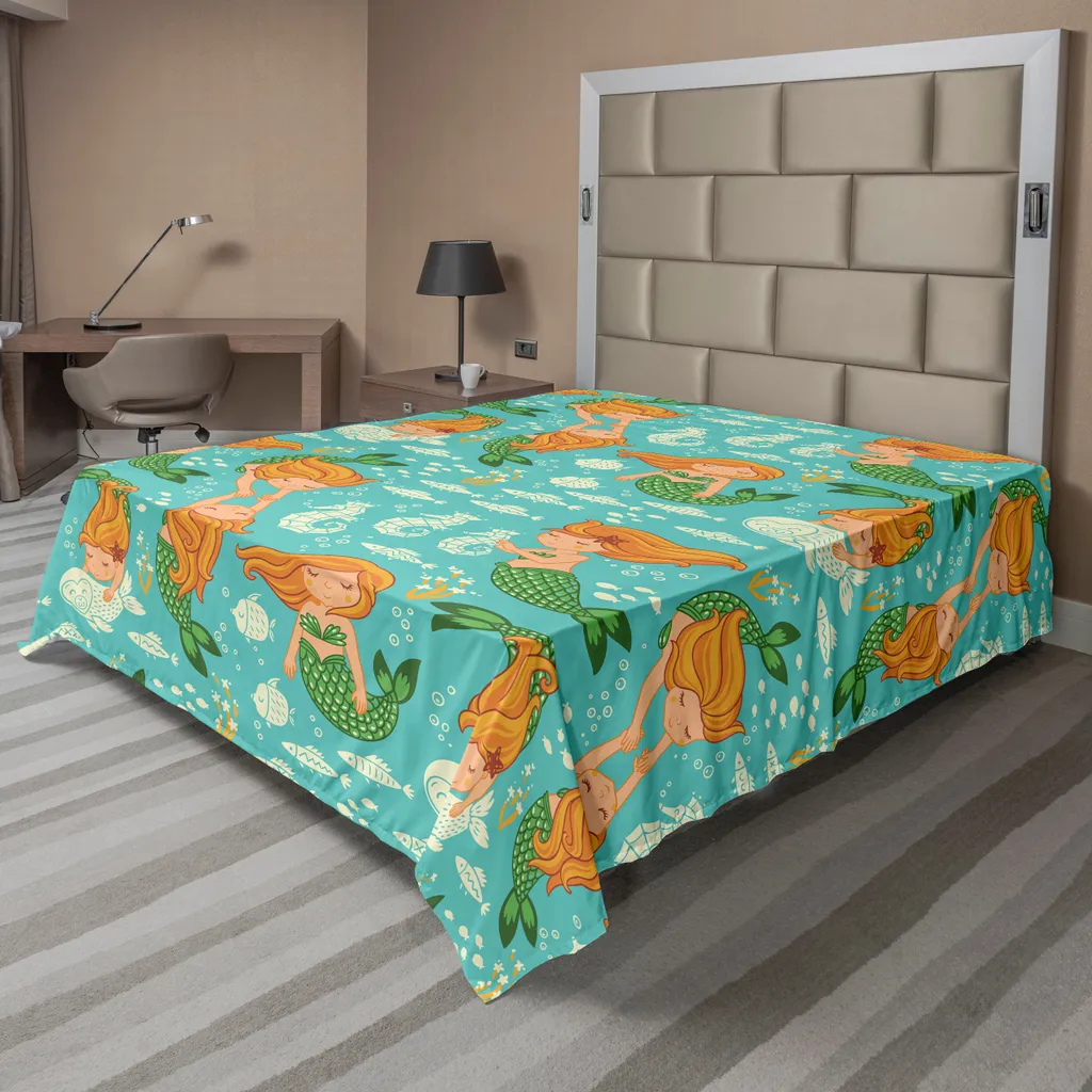 Drap de lit supérieur doux turquoise motif sirène et hippocampes