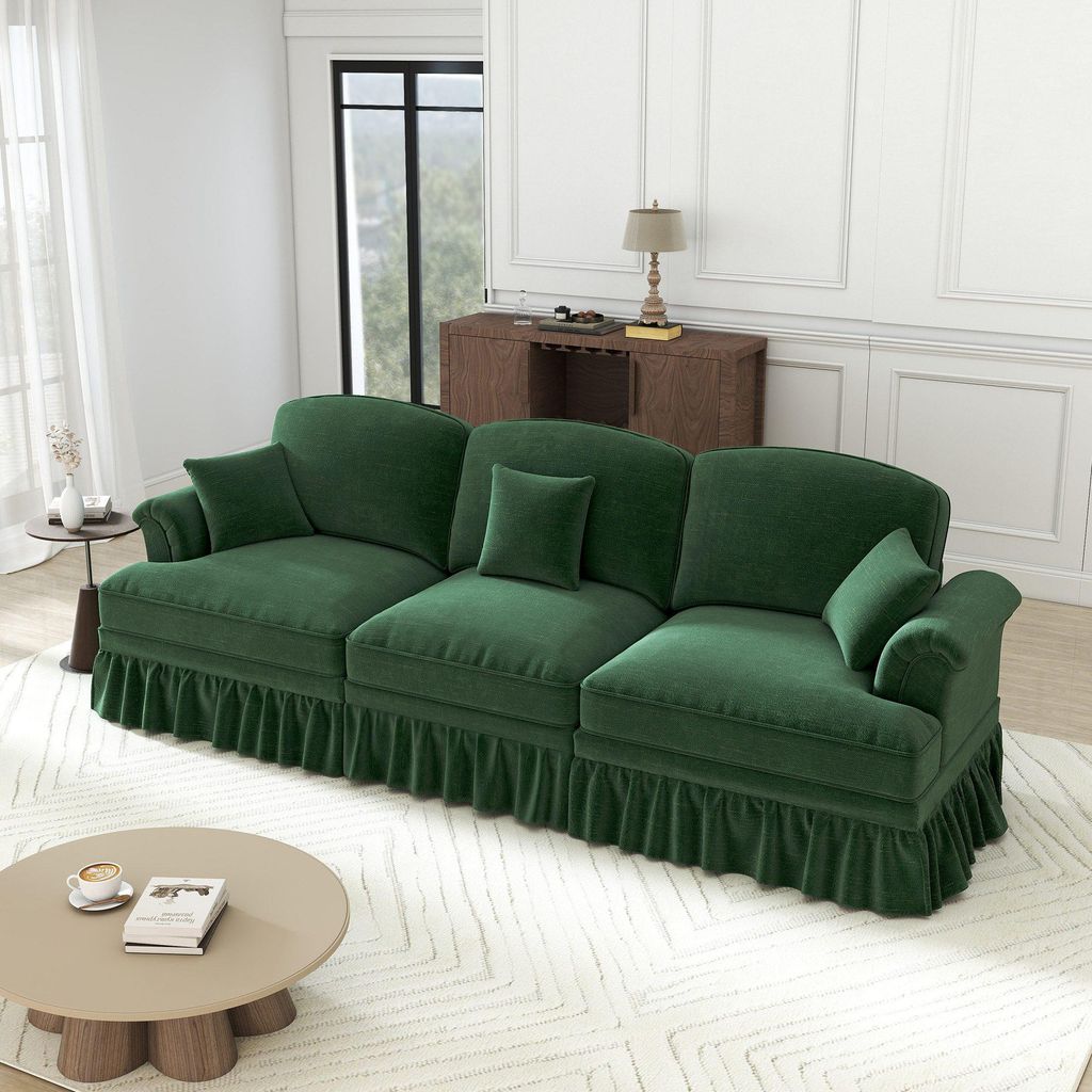 Sofa Modulares Mid-Century Sofa mit Bettfunktion – Sofas Wohnzimmer Elegantes 3-Sitzer Chenille-Sofa mit Rüschenrock & Moduldesign