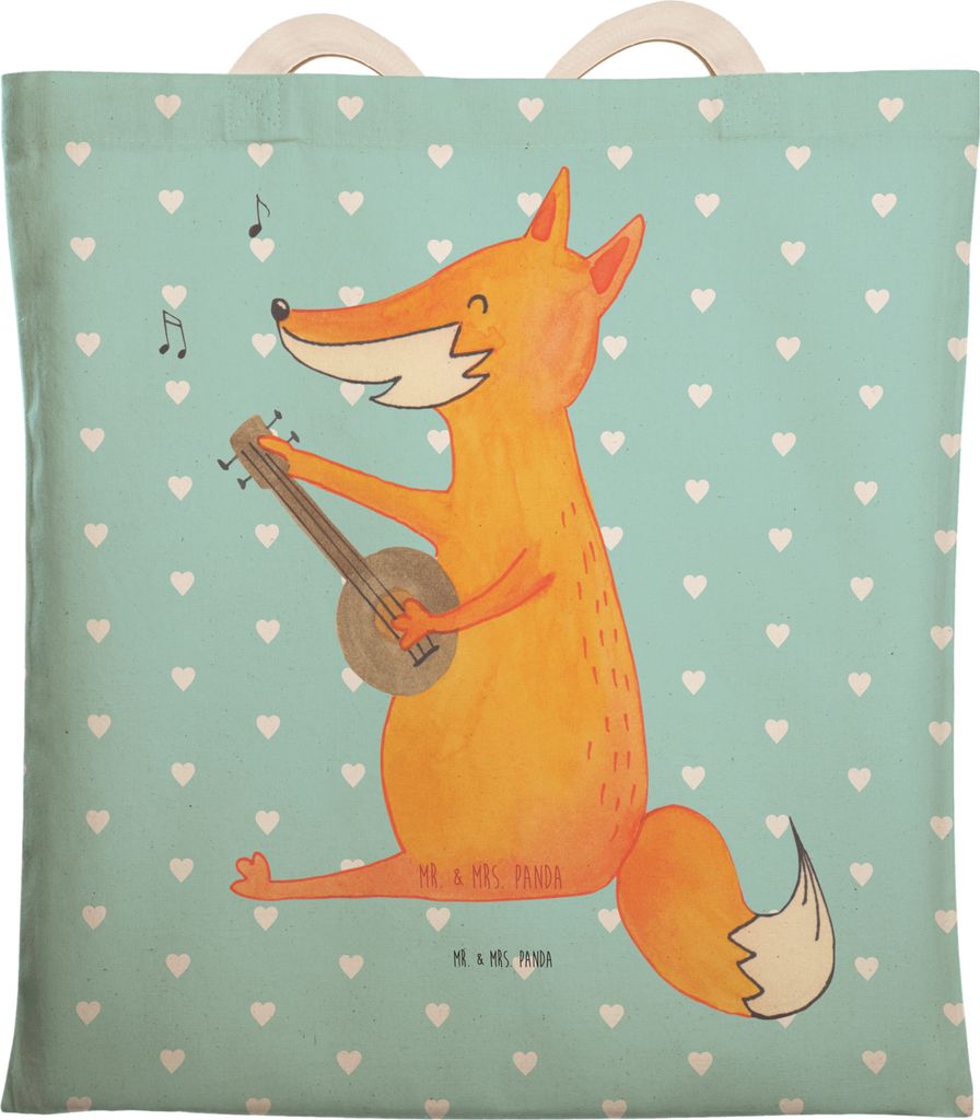 Mr. & Mrs. Panda Einkaufstasche Fuchs Gitarre - Türkis Pastell - Geschenk, Stoffbeutel, Tote Bag, Sänger, Beuteltasche, Stofftragetasche, Lagerfe...